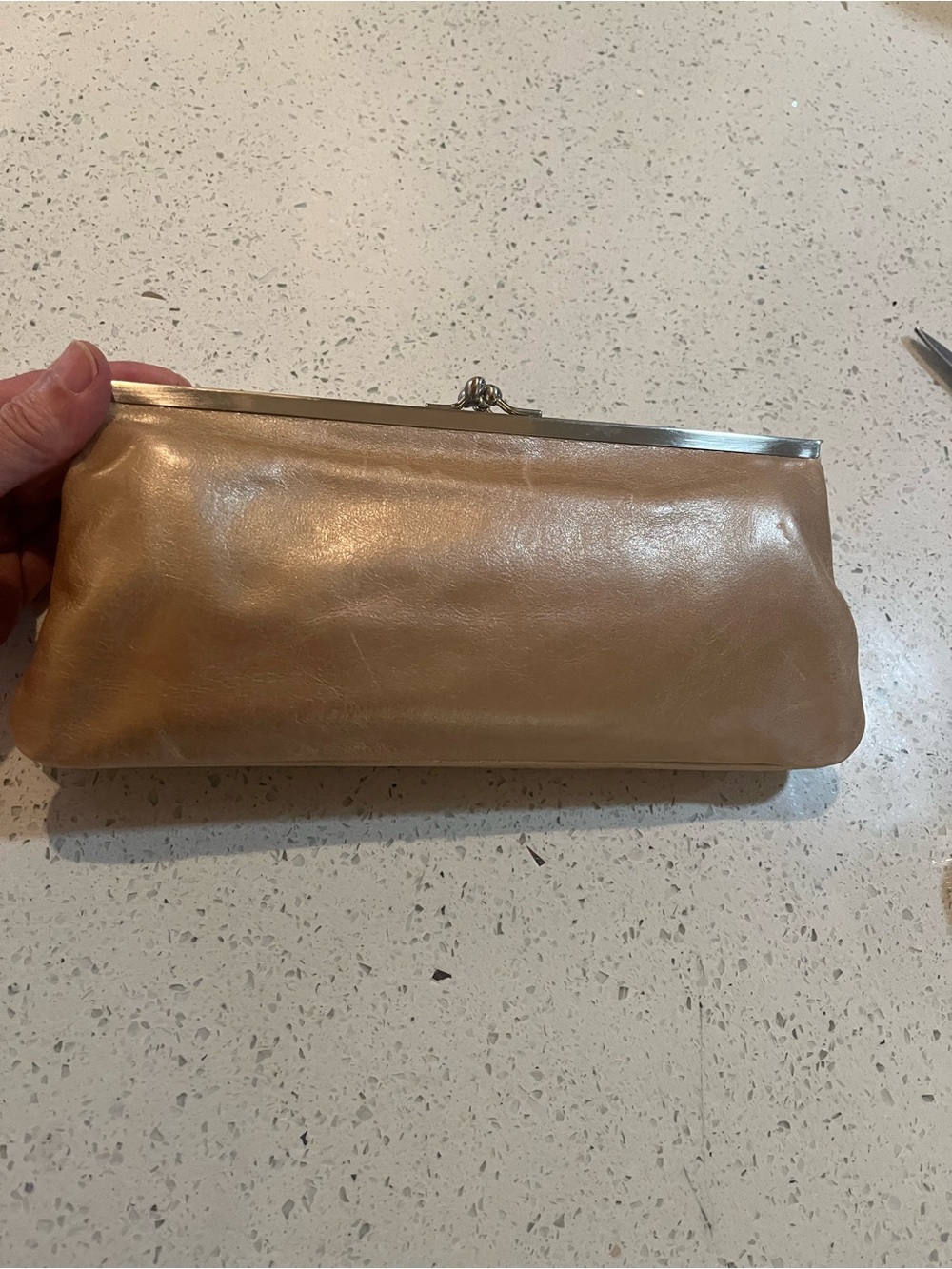 HOBO Beige Leather Frame-Clasp Clutch in new condition